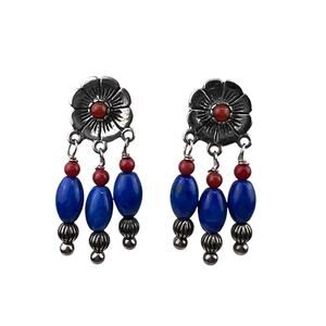 Carolyn Pollack Jerry & Wilma Begay Sterling Silver Pierced Earrings Lapis Coral